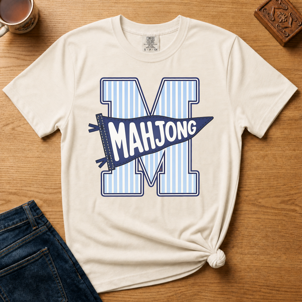 Close-up of the Mahjong Pennant design - striped varsity M with pennant banner
