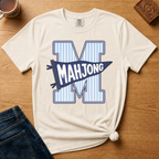 Close-up of the Mahjong Pennant design - striped varsity M with pennant banner