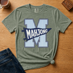 Mahjong Pennant Shirt in White - giant striped varsity M with navy MAHJONG pennant banner on a white Comfort Colors 1717 tee, flat lay