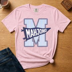 Mahjong Pennant Shirt in Ivory - giant striped varsity M with navy MAHJONG pennant banner on an ivory Comfort Colors 1717 tee, flat lay