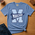 Mahjong Pennant Shirt in Berry - giant striped varsity M with navy MAHJONG pennant banner on a berry Comfort Colors 1717 tee, flat lay