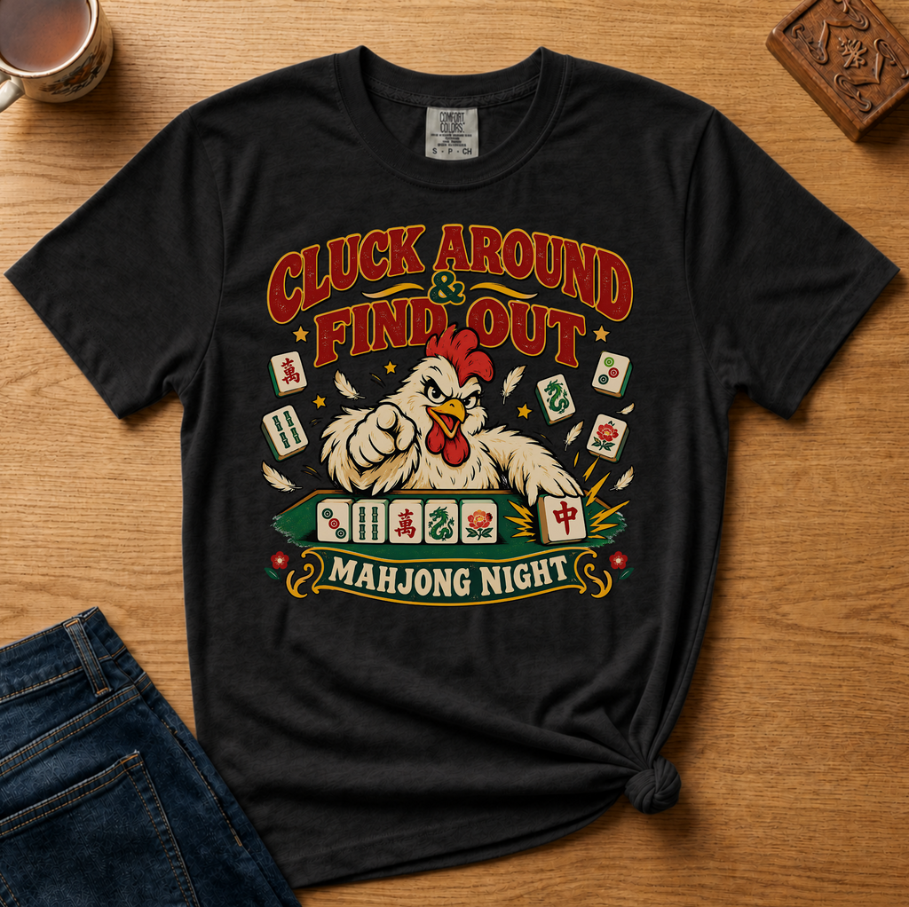 Cluck Around And Find Out Shirt in Moss - fierce cartoon chicken behind a mahjong tile rack on a green Comfort Colors 1717 tee, flat lay