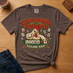 Cluck Around And Find Out Shirt in White - fierce cartoon chicken behind a mahjong tile rack on a white Comfort Colors 1717 tee, flat lay