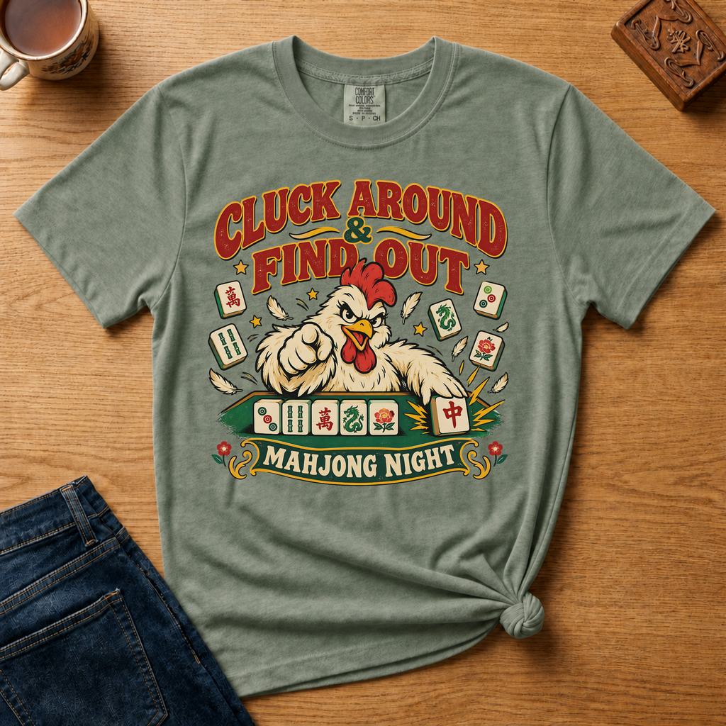 Cluck Around And Find Out Shirt in Espresso - fierce cartoon chicken behind a mahjong tile rack on a brown Comfort Colors 1717 tee, flat lay