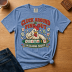 Cluck Around And Find Out Shirt in Jean Blue - fierce cartoon chicken behind a mahjong tile rack on a blue Comfort Colors 1717 tee, flat lay