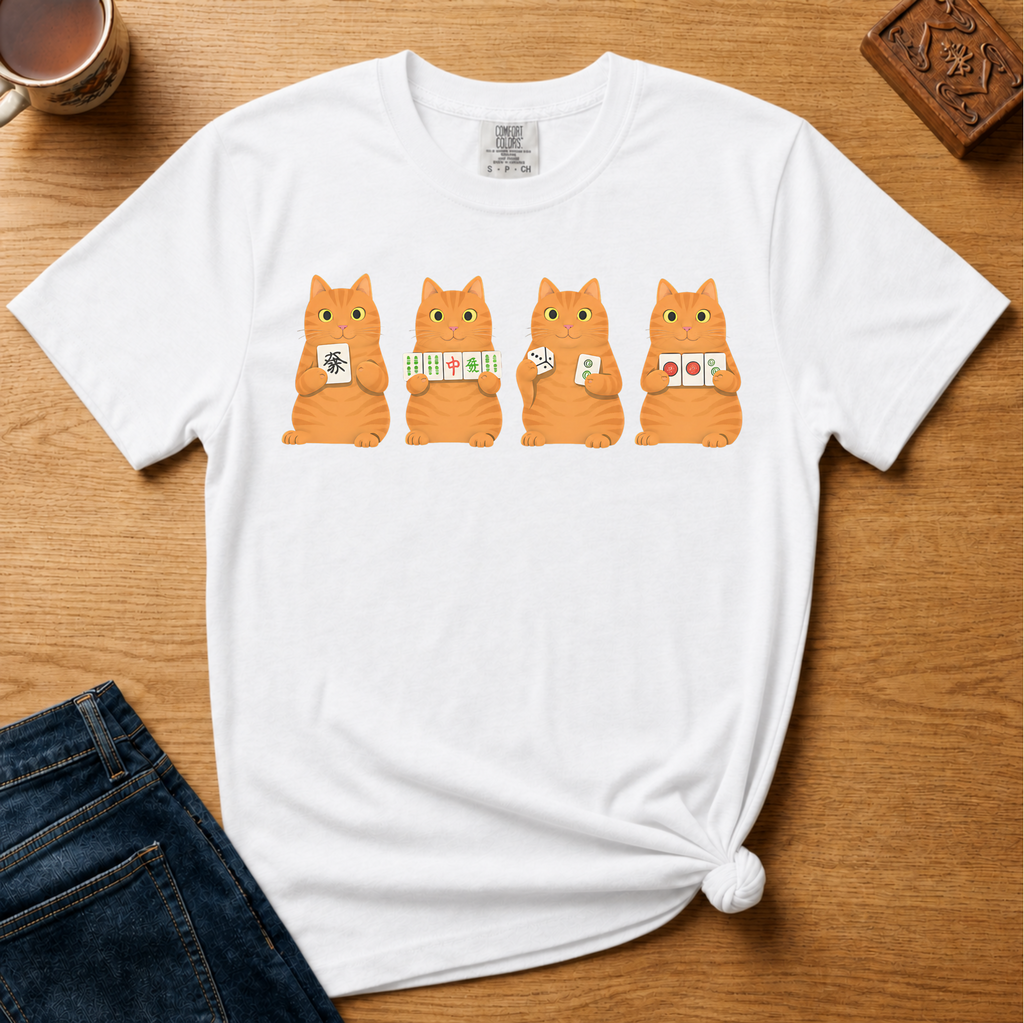 Close-up of the Mahjong Orange Tabby Cats design - four orange tabbies with their tiles