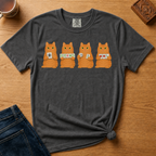 Mahjong Orange Tabby Cats Shirt in Black - four orange tabby cats holding mahjong tiles on a black Comfort Colors 1717 tee, flat lay