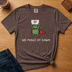 We Mahj At Dawn Shirt in Berry - superhero frog in a red cape holding a red dragon tile overhead on a berry Comfort Colors 1717 tee, flat lay