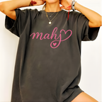 Close-up of the Mahj Heart design on black - pink mahj script with a heart flourish