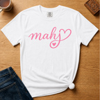 Mahj Heart Shirt in Blossom - pink mahj script with a heart flourish on a light pink Comfort Colors 1717 tee, flat lay