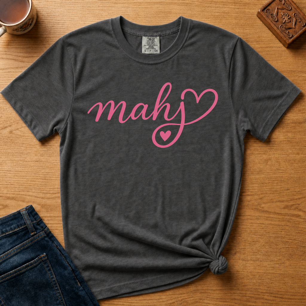 Mahj Heart Shirt in White - pink mahj script with a heart flourish on a white Comfort Colors 1717 tee, flat lay