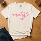Mahj Heart Shirt in Pepper - pink mahj script with a heart flourish on a dark grey Comfort Colors 1717 tee, flat lay