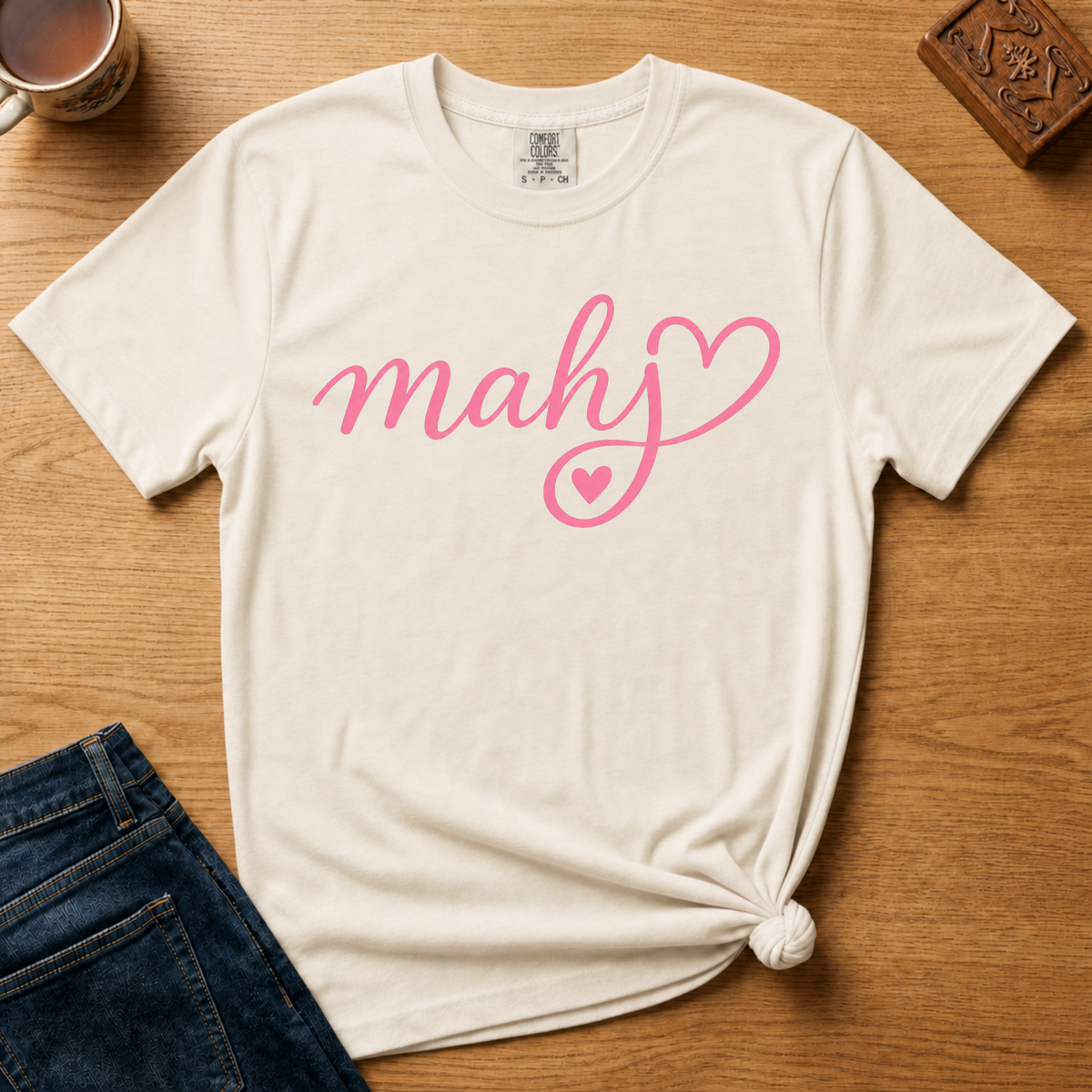 Mahj Heart Shirt in Pepper - pink mahj script with a heart flourish on a dark grey Comfort Colors 1717 tee, flat lay