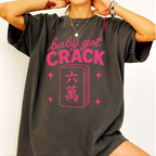 Close-up of the Baby Got Crack design on ivory - pink lettering and six-crack tile