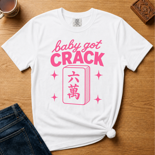 Baby Got Crack Shirt in Berry - pink baby got crack lettering with a six-crack tile on a berry Comfort Colors 1717 tee, flat lay