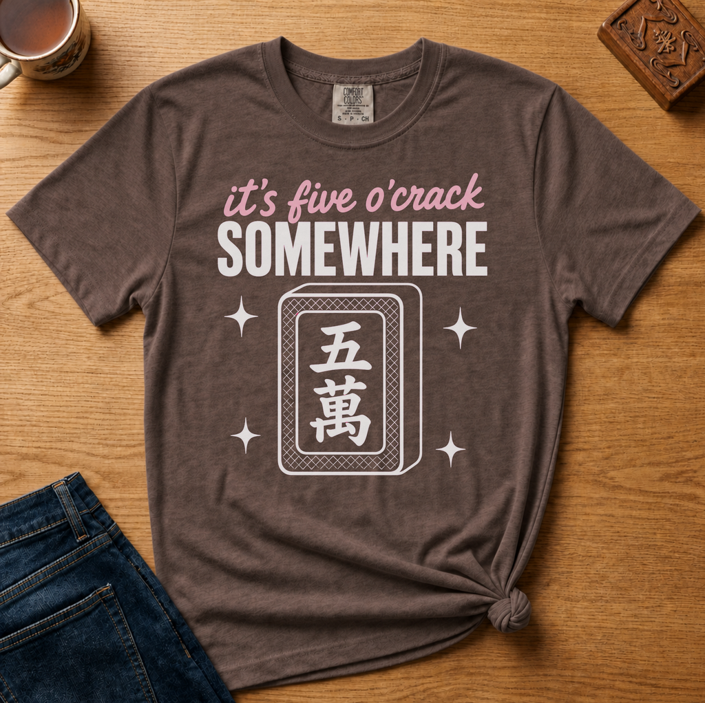 It's Five O'Crack Somewhere Shirt in Moss - pink and white five o'crack lettering with a five-crack tile on a green Comfort Colors 1717 tee, flat lay