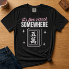 It's Five O'Crack Somewhere Shirt in Espresso - pink and white five o'crack lettering with a five-crack tile on a brown Comfort Colors 1717 tee, flat lay