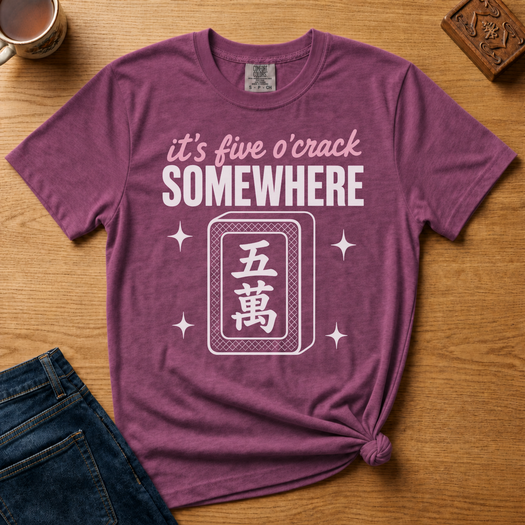 It's Five O'Crack Somewhere Shirt in Black - pink and white five o'crack lettering with a five-crack tile on a black Comfort Colors 1717 tee, flat lay