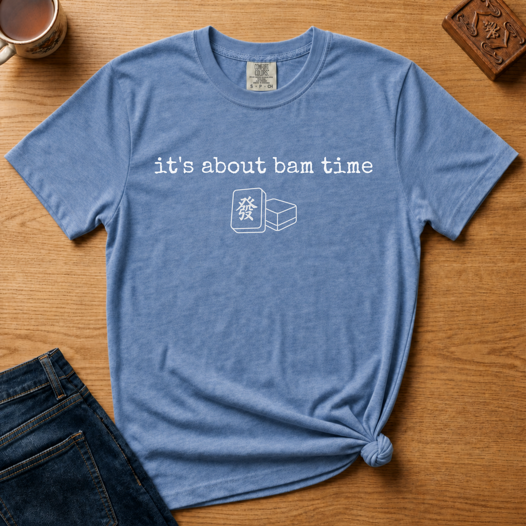 It's About Bam Time Shirt in Espresso - white typewriter text with a green dragon tile pair on a brown Comfort Colors 1717 tee, flat lay