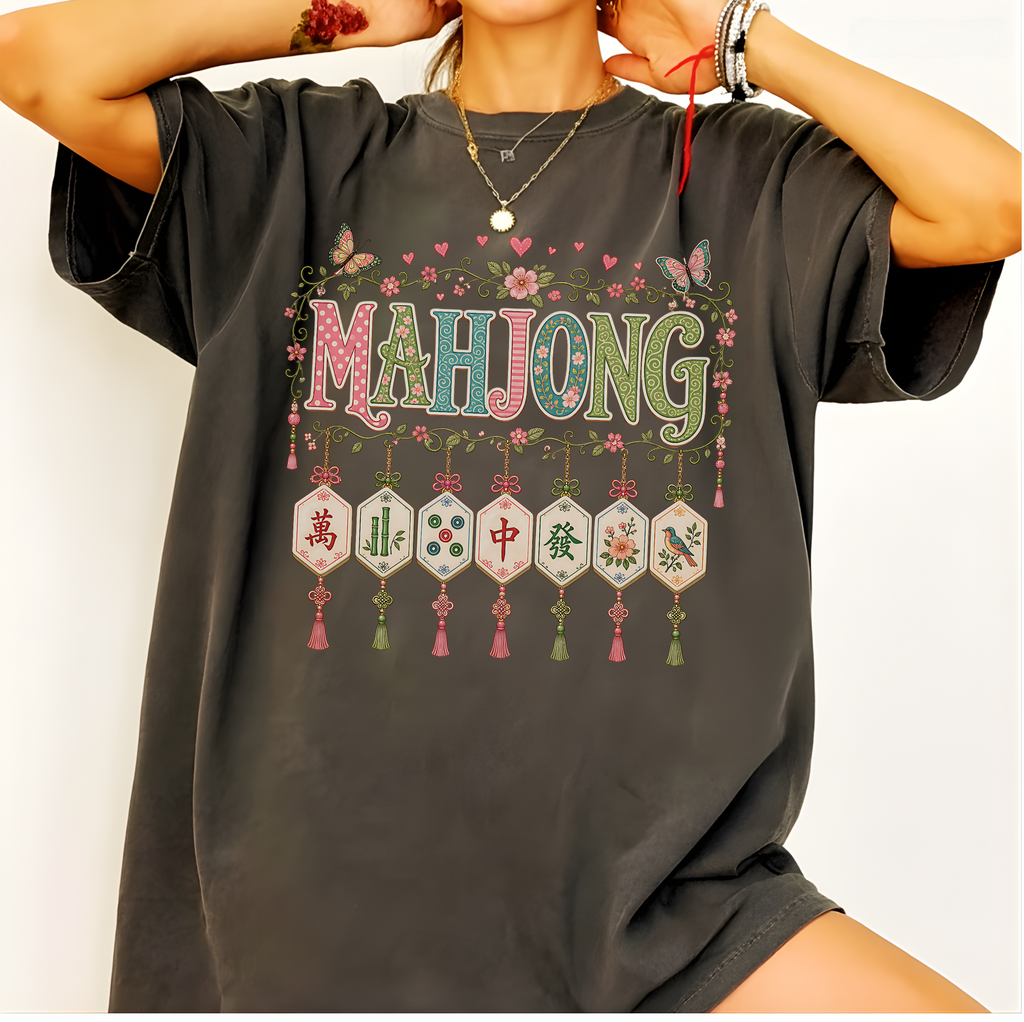 Mahjong Tile Pendants Shirt in White - close-up of the patterned MAHJONG lettering, floral garland and hanging tile pendants