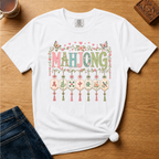 Mahjong Tile Pendants Shirt in Berry - patterned MAHJONG letters with floral garland and seven hanging tile pendants