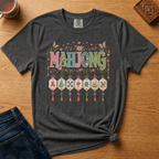 Mahjong Tile Pendants Shirt in White - patterned MAHJONG letters with floral garland and seven hanging tile pendants