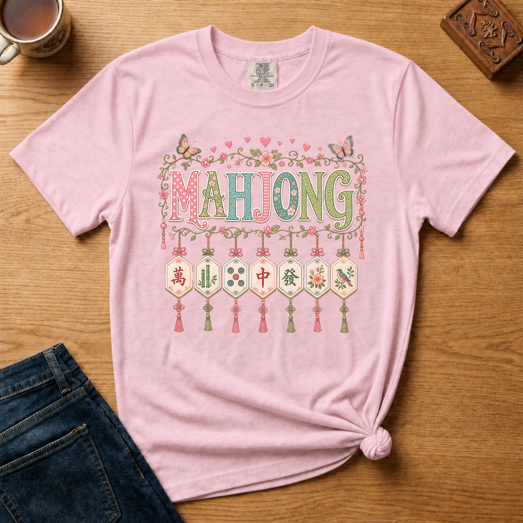 Mahjong Tile Pendants Shirt in Pepper - patterned MAHJONG letters with floral garland and seven hanging tile pendants
