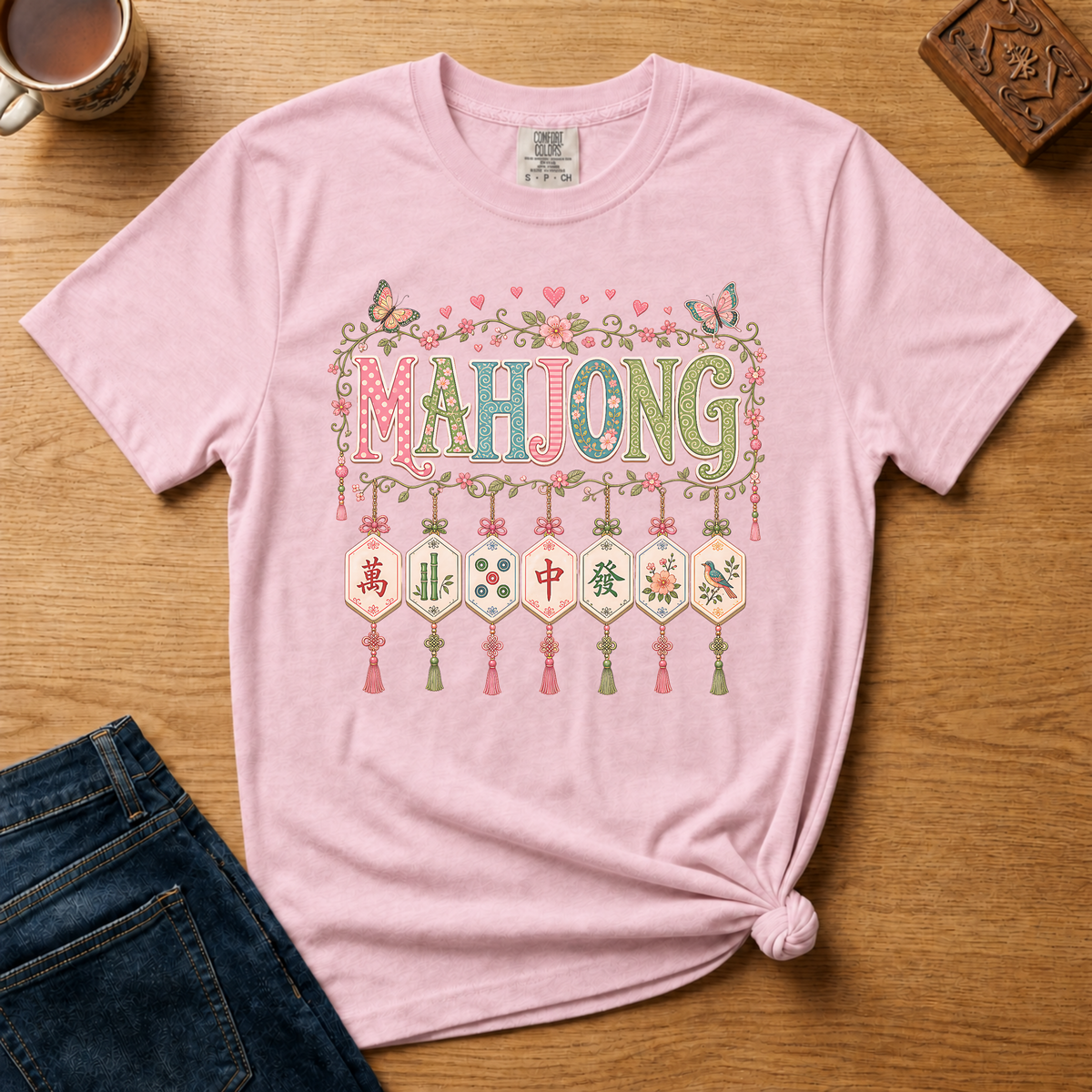 Mahjong Tile Pendants Shirt in Pepper - patterned MAHJONG letters with floral garland and seven hanging tile pendants