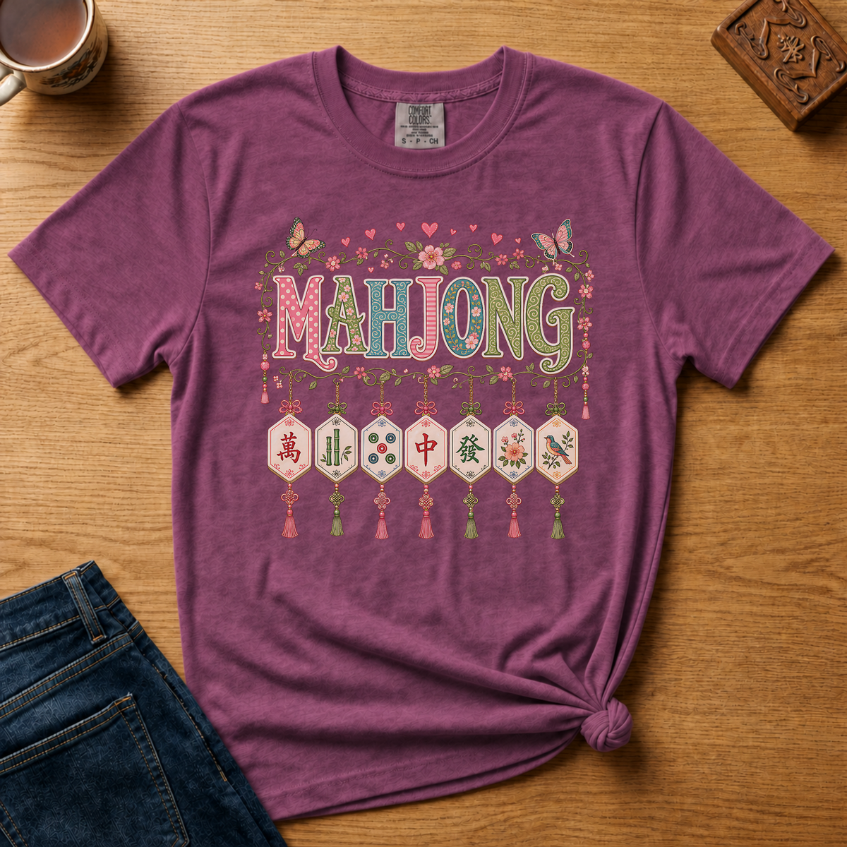 Mahjong Tile Pendants Shirt in Blossom - patterned MAHJONG letters with floral garland and seven hanging tile pendants