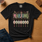 Mahjong Tile Pendants Shirt in Black - patterned MAHJONG letters with floral garland and seven hanging tile pendants
