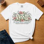 In Good Tile Company Shirt in Blossom - three mahjong tiles in pink blossoms and green leaves with IN GOOD TILE COMPANY lettering