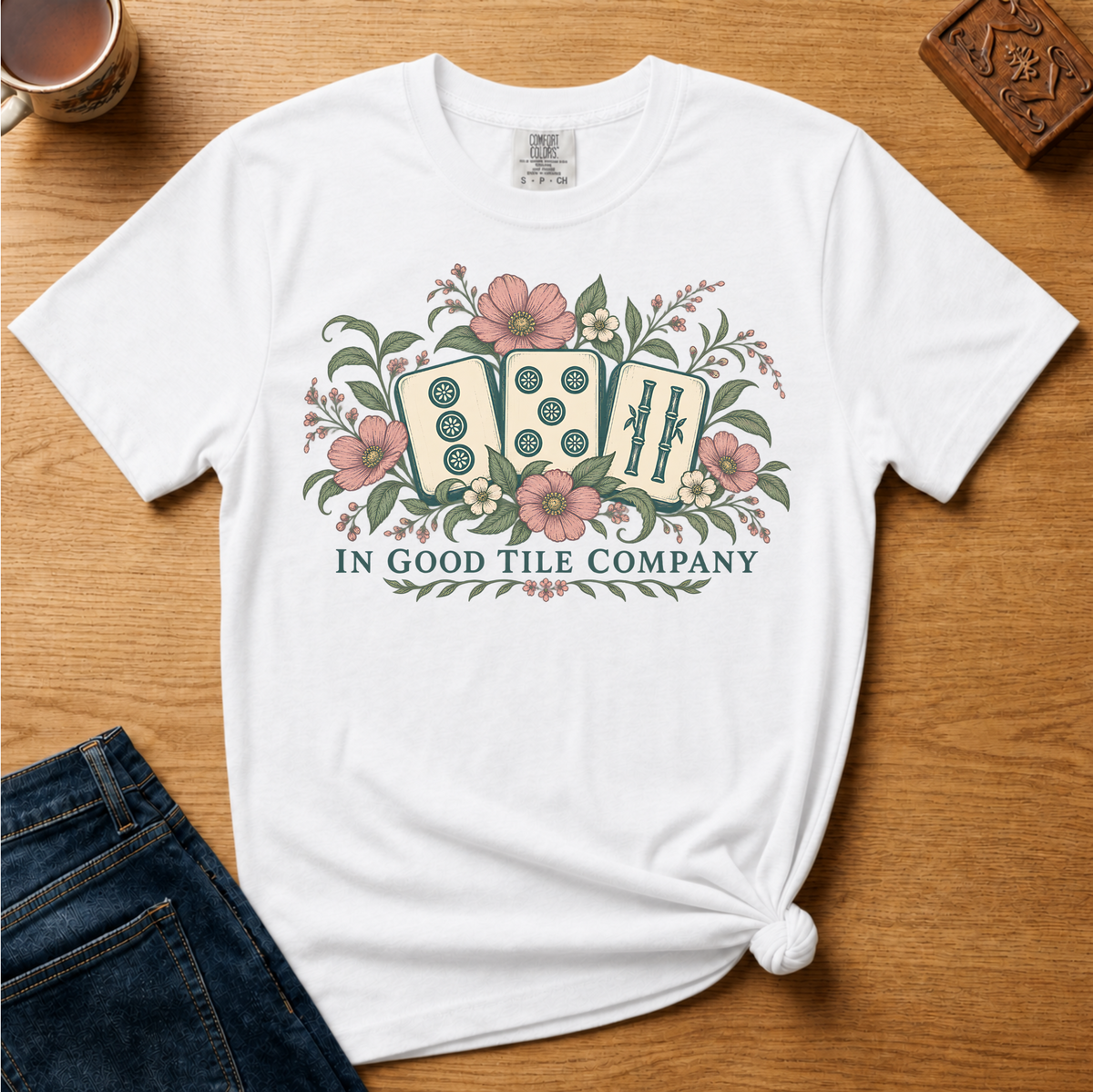 In Good Tile Company Shirt in Blossom - three mahjong tiles in pink blossoms and green leaves with IN GOOD TILE COMPANY lettering