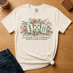 In Good Tile Company Shirt in Ivory - three mahjong tiles in pink blossoms and green leaves with IN GOOD TILE COMPANY lettering