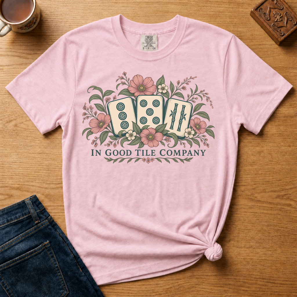 In Good Tile Company Shirt in Violet - three mahjong tiles in pink blossoms and green leaves with IN GOOD TILE COMPANY lettering