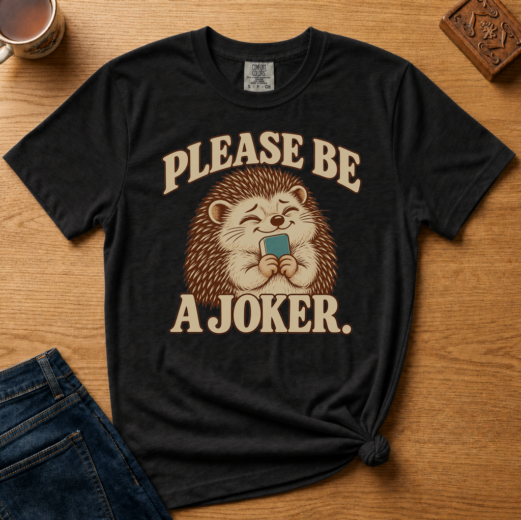 Close-up of the Please Be A Joker hedgehog design on a Jean Blue Comfort Colors t-shirt.