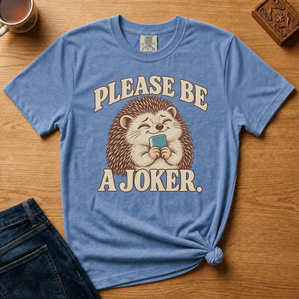 Close-up of the Please Be A Joker hedgehog design on an Espresso Comfort Colors t-shirt.