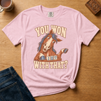 Close-up of the You Won With That horse design on a Jean Blue Comfort Colors t-shirt.