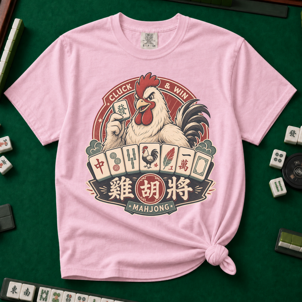 Cluck And Win Mahjong Rooster T-Shirt in Blossom - knotted tee on a pink surface with mahjong tiles scattered around, printed with a rooster holding a green dragon tile above a fan of mahjong tiles in a red Cluck and Win badge