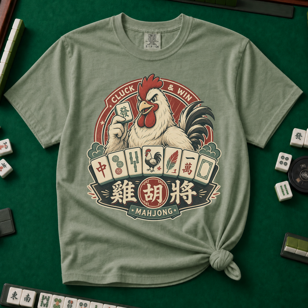 Cluck And Win Mahjong Rooster T-Shirt in Moss - knotted tee on a green mahjong mat with scattered tiles, printed with a rooster holding a green dragon tile above a fan of mahjong tiles in a red Cluck and Win badge