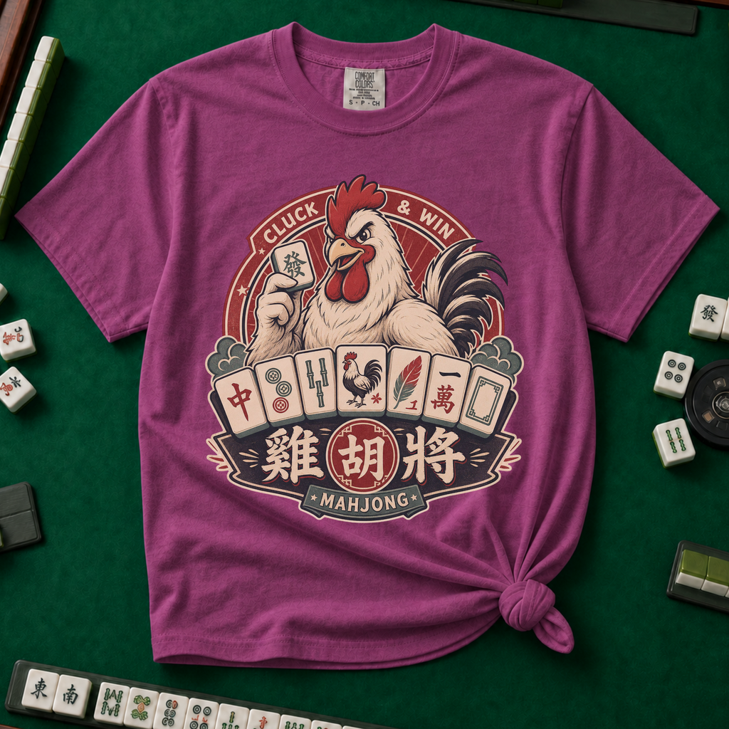 Cluck And Win Mahjong Rooster T-Shirt in Berry - knotted tee on a green mahjong mat with scattered tiles, printed with a rooster holding a green dragon tile above a fan of mahjong tiles in a red Cluck and Win badge