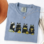 Four black cats with pickleball paddles, balls and a trophy printed on a Blue Jean Comfort Colors T-shirt.