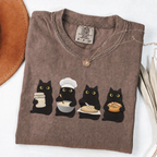 Four black cats making sourdough from starter to finished loaf on an Espresso Comfort Colors T-shirt.