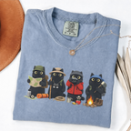 Four black cats hiking and camping on a Blue Jean Comfort Colors T-shirt
