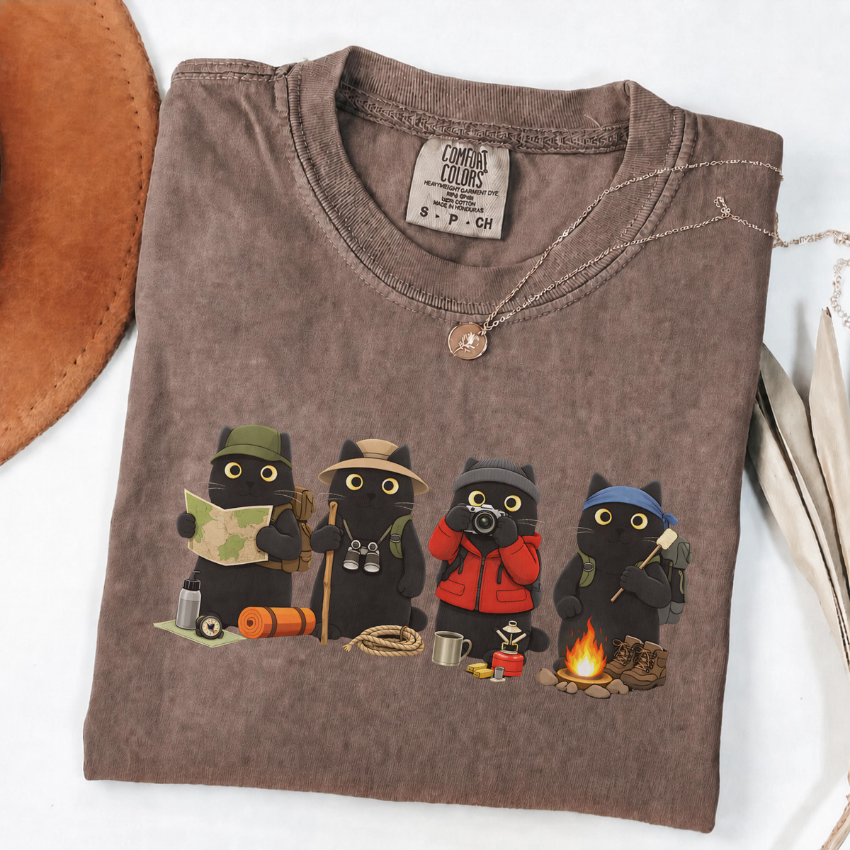 Four black cats hiking and camping on a Espresso Comfort Colors T-shirt