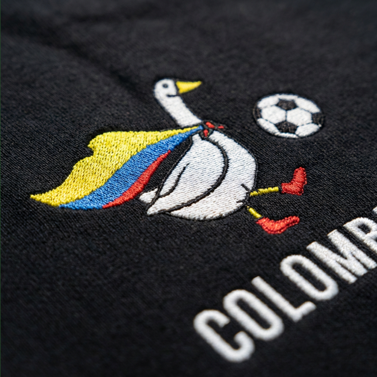 Embroidered Colombia Soccer Goose Shirt – embroidery close-up