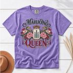 Mahjong Queen Shirt in Blossom - QUEEN and MAHJONG lettering with two red dragons and a jeweled crown in a teal frame