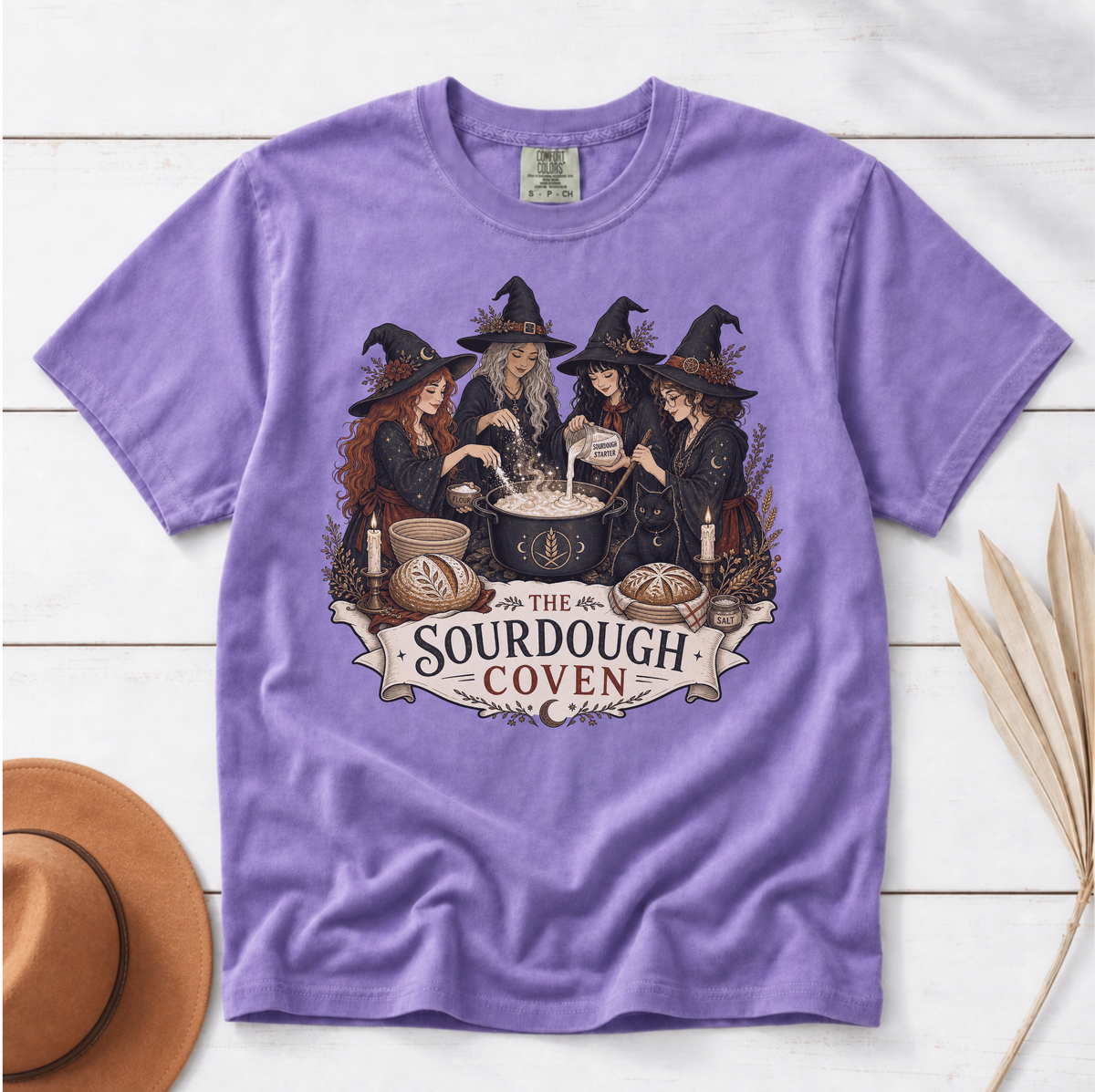 The Sourdough Coven shirt in Violet, flat lay