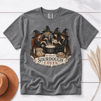 The Sourdough Coven shirt in Pepper, flat lay with four witches brewing sourdough