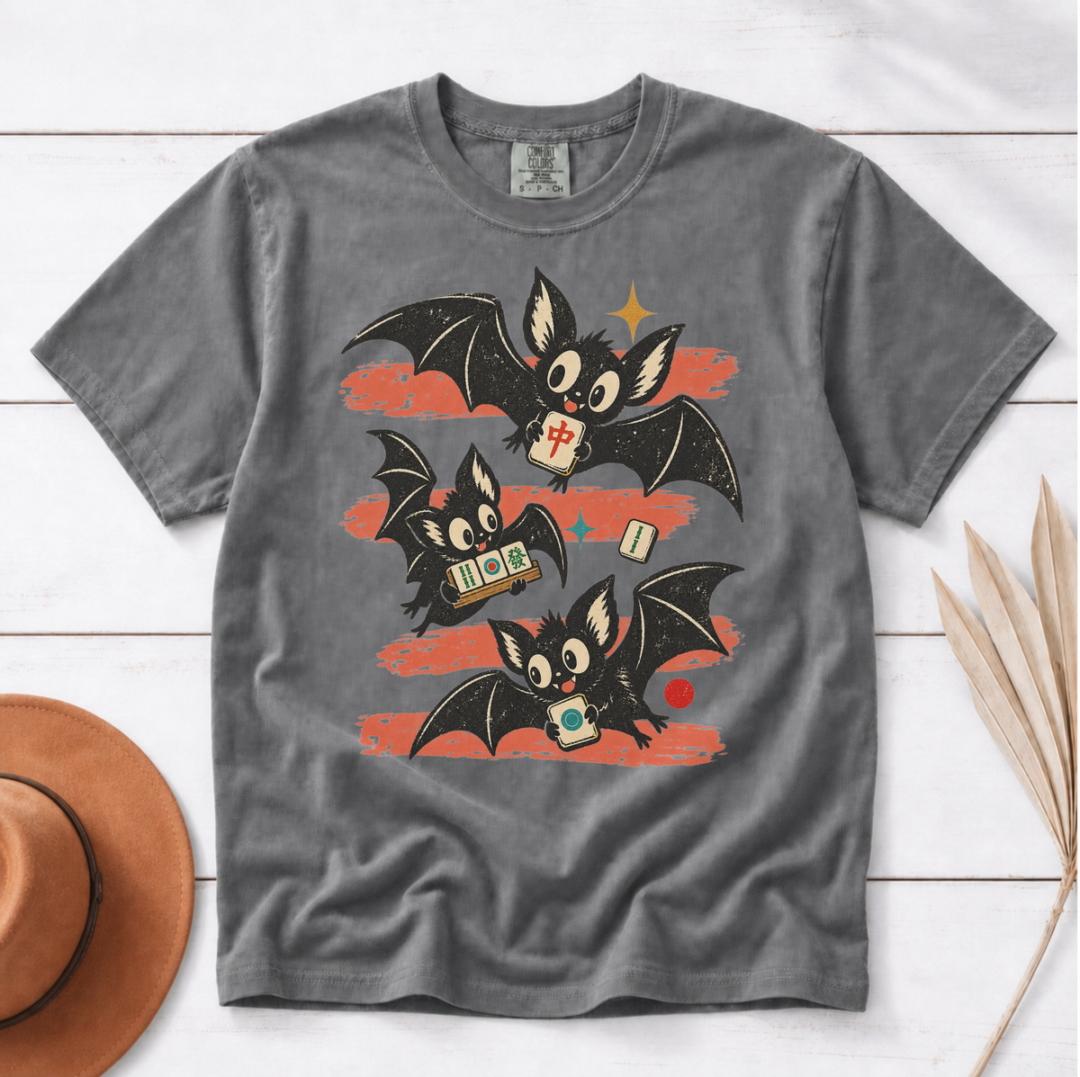 Bats Out mahjong Halloween shirt in Pepper, flat lay