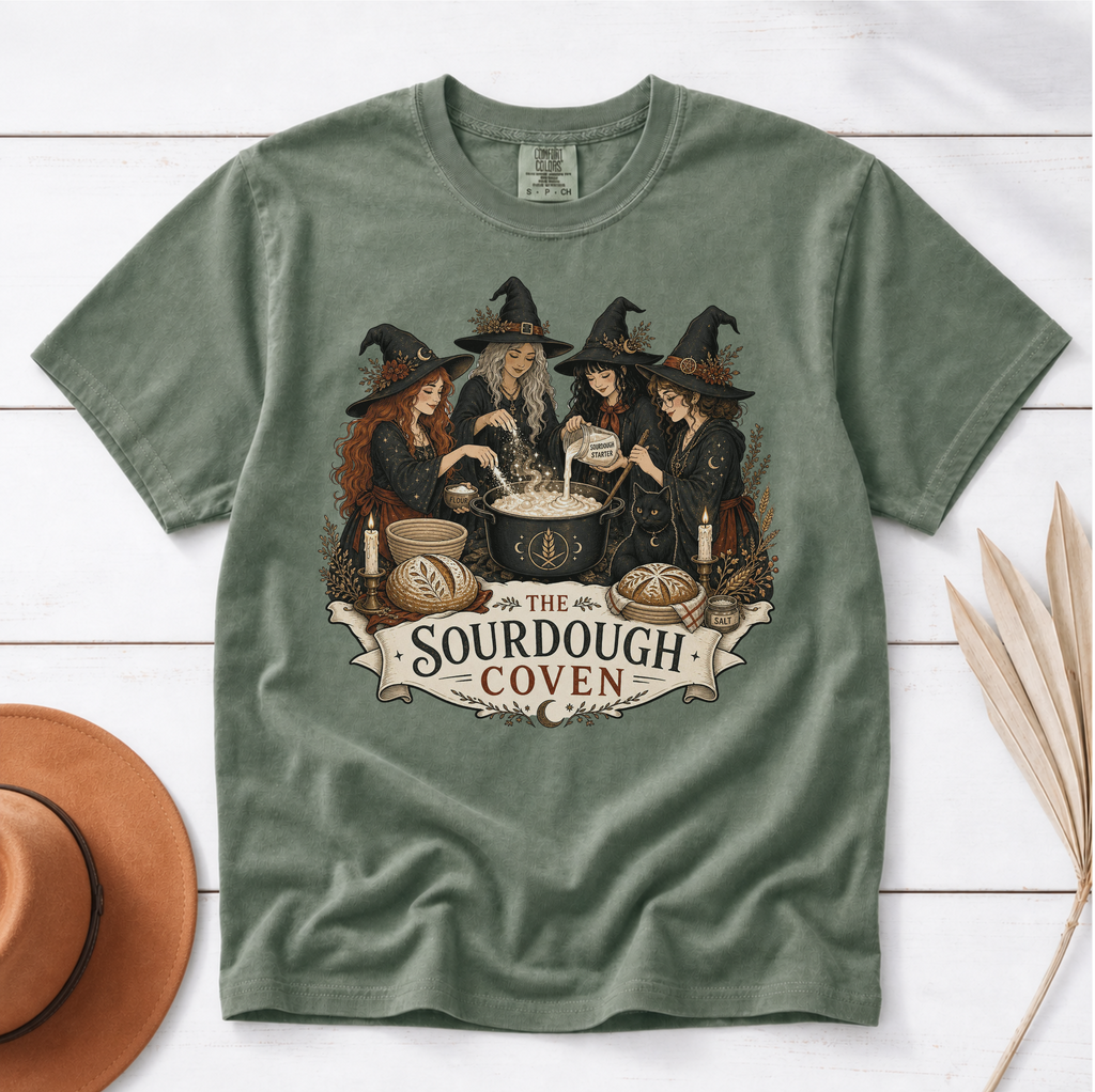 The Sourdough Coven shirt in Moss, flat lay